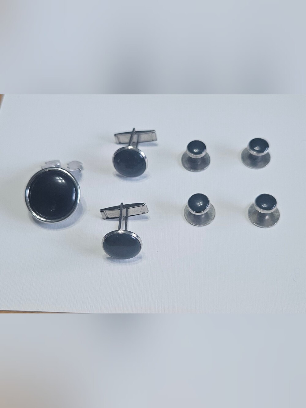 Source Unknown Black and Silver Round Cufflinks with Matching Studs